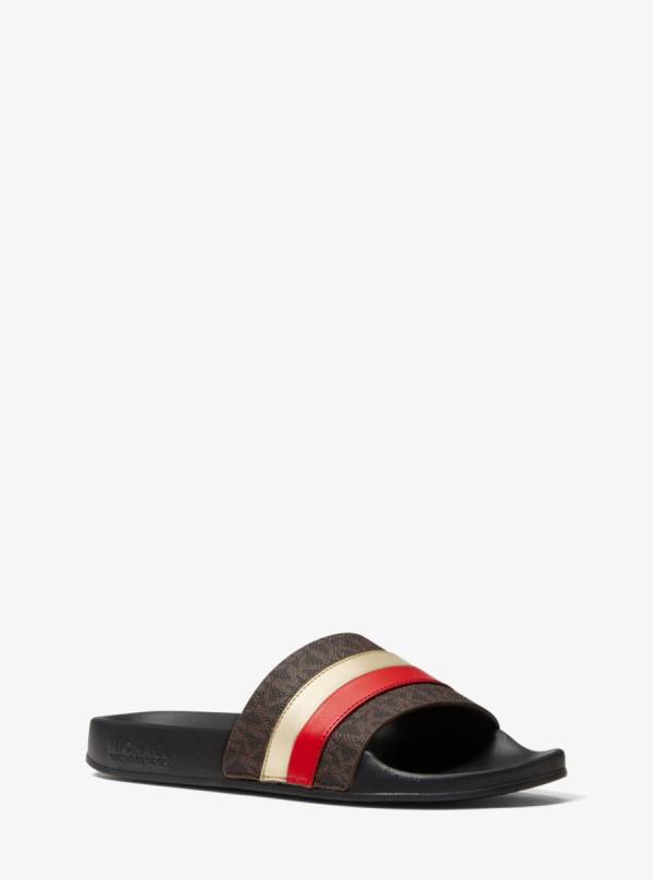 Damske Slapky Michael Kors Brandy Metallic Striped Logo Hnede - Topanky Michael Kors Lacne | OFKWB-9430